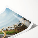 Extra large wall art featuring a bicycle with line art flowers in pastel shades on a rolled print.