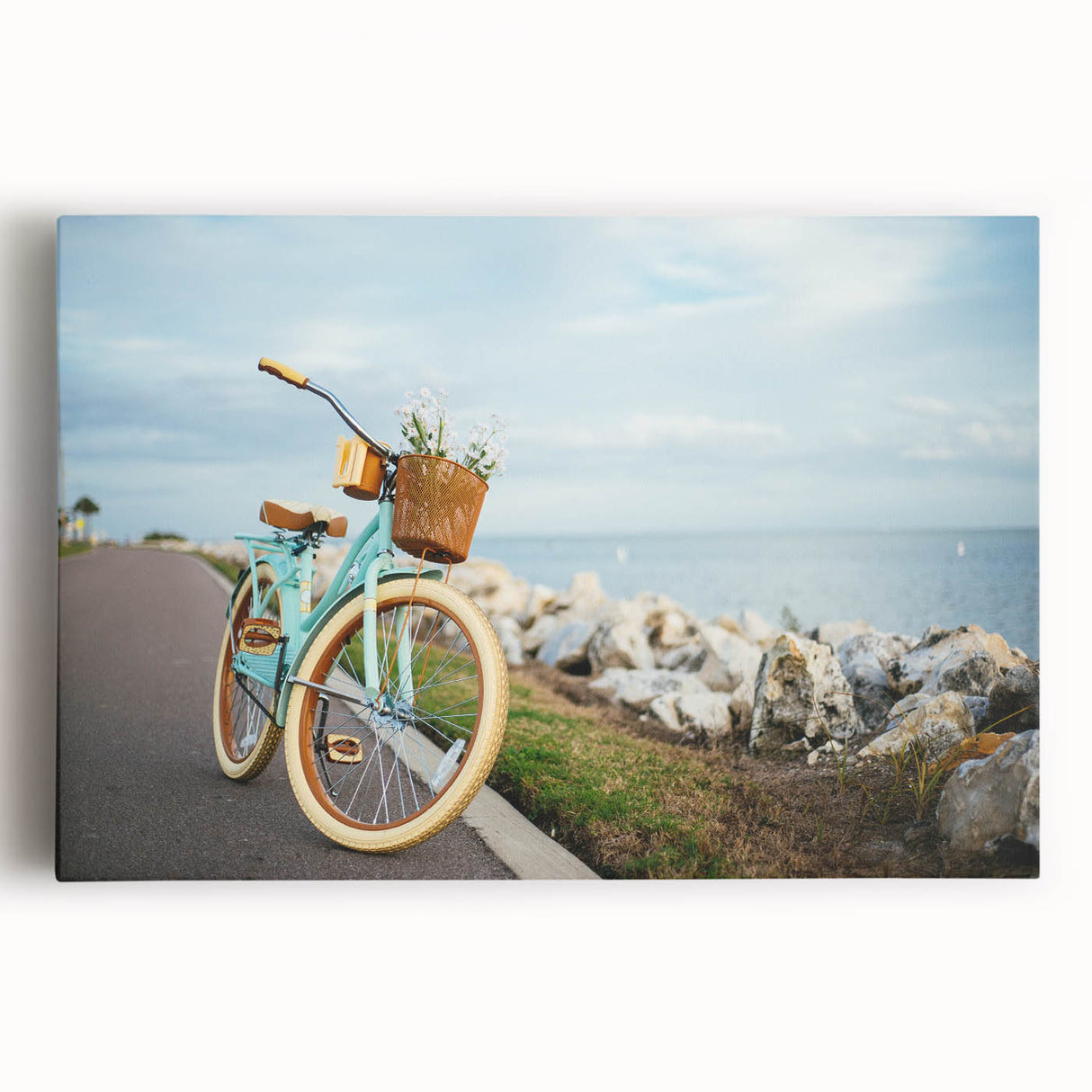 Black and white photo of a vintage bicycle on stretched canvas, suitable as large kitchen wall art or bedroom decor.