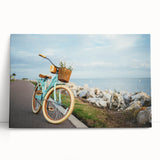Black and white photograph of a vintage bicycle on stretched canvas, suitable for kitchen wall art.