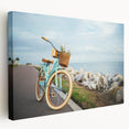 Side view of a vintage bicycle print on stretched canvas with muted earth tones, suitable for kitchen wall art.