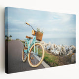 Side view of a vintage bicycle print on stretched canvas with muted earth tones, suitable for kitchen wall art.