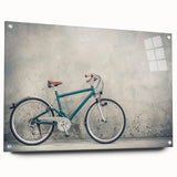 Side view of a large abstract bicycle design in muted metallic tones on acrylic glass, ideal for bedroom or dining room art.