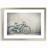 Textured art print of an abstract bicycle in muted gray and silver tones, framed with a matte silver finish.