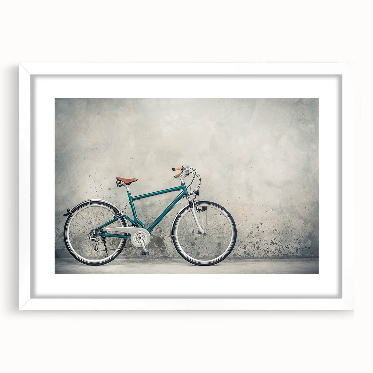 Abstract art print of a bicycle, using bold black and white colors on a framed canvas.