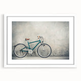 Abstract art print of a bicycle, using bold black and white colors on a framed canvas.