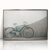 Mid-century modernist art of a bicycle in muted gold and black tones, framed acrylic print, suitable for nursery wall decor.