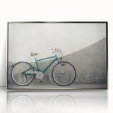 Mid-century modernist art of a bicycle in monochrome tones on a framed acrylic, ideal for nursery wall decor.