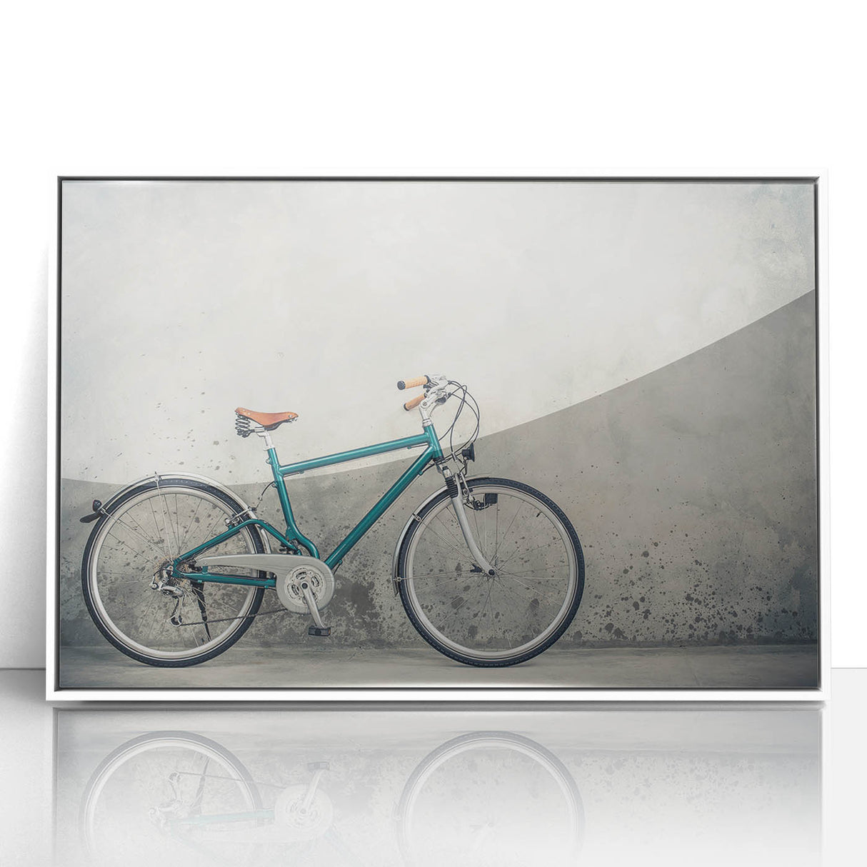 Art deco poster of a bicycle in muted pastel tones on white acrylic, ideal for nursery wall art.