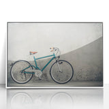 Art deco poster of a bicycle in muted pastel tones on white acrylic, ideal for nursery wall art.