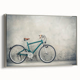 Vintage poster art of a bicycle on a colorful abstract background, framed in silver, ideal for decorating a home office.