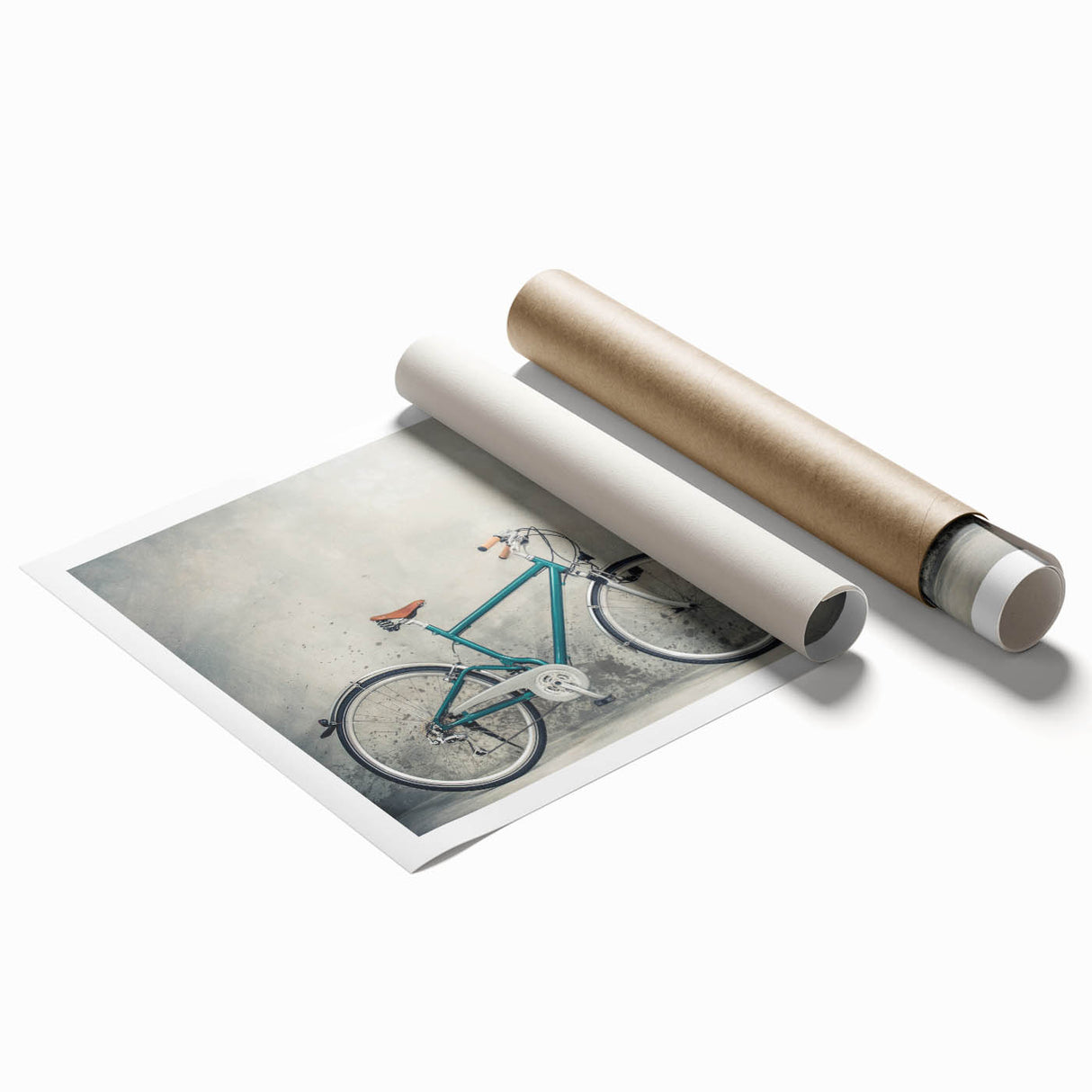 Extra large rolled print featuring a vintage bicycle with floral accents in pastel shades.