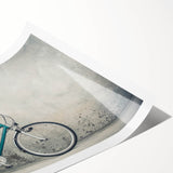 Extra large wall art featuring line art flowers and a bicycle, in black and white, on a rolled print.