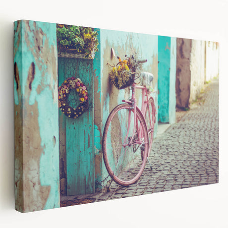 Side view of a vintage bicycle on stretched canvas with neutral and earthy tones, ideal for kitchen wall art.