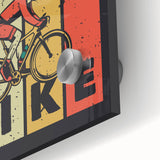 Mid-century modernist style bicycle illustration in muted earth tones on acrylic glass, ideal for dining room art.
