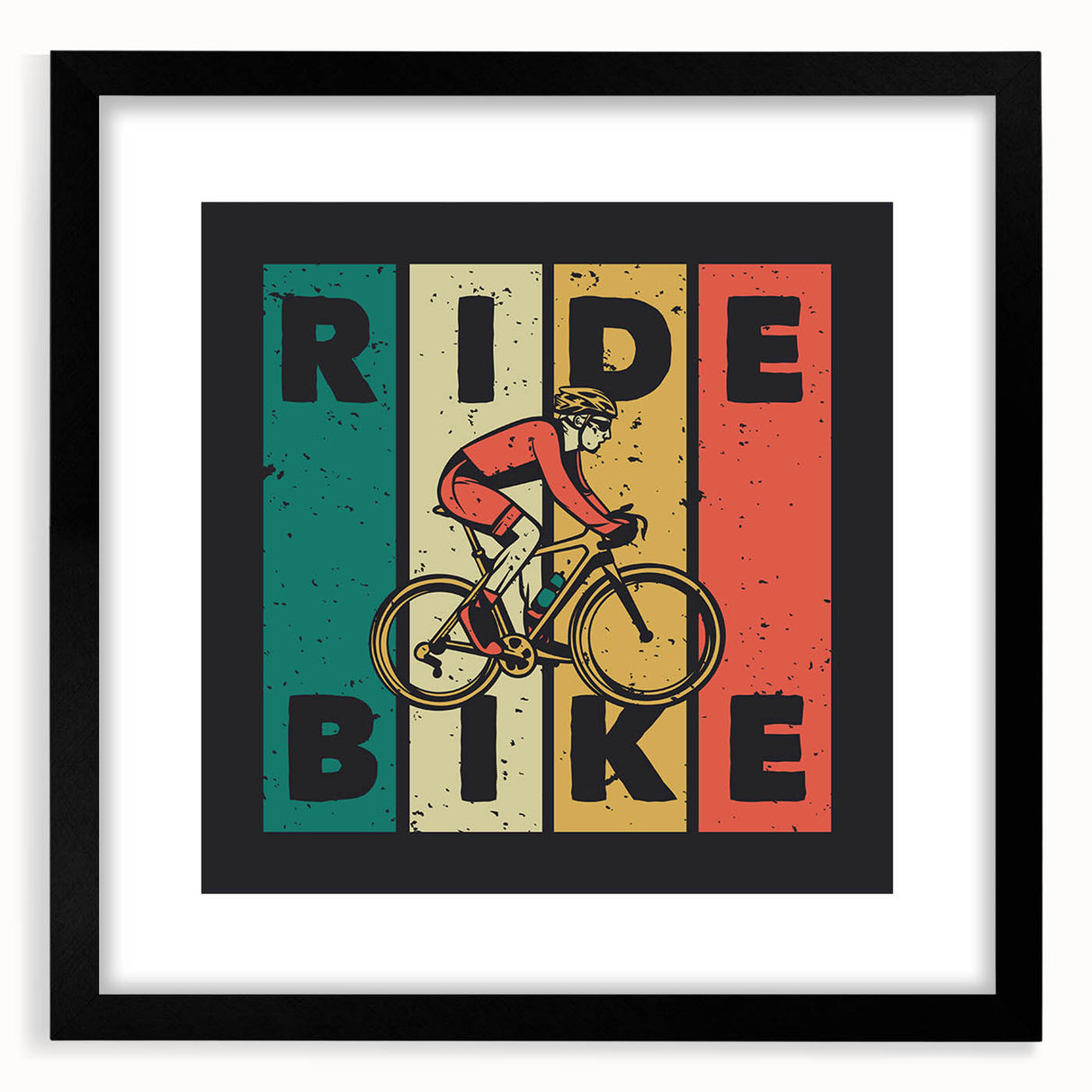 Extra large abstract art print of a colorful bicycle on textured canvas, framed in black, ideal for living room decor.