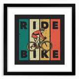 Extra large abstract art print of a colorful bicycle on textured canvas, framed in black, ideal for living room decor.