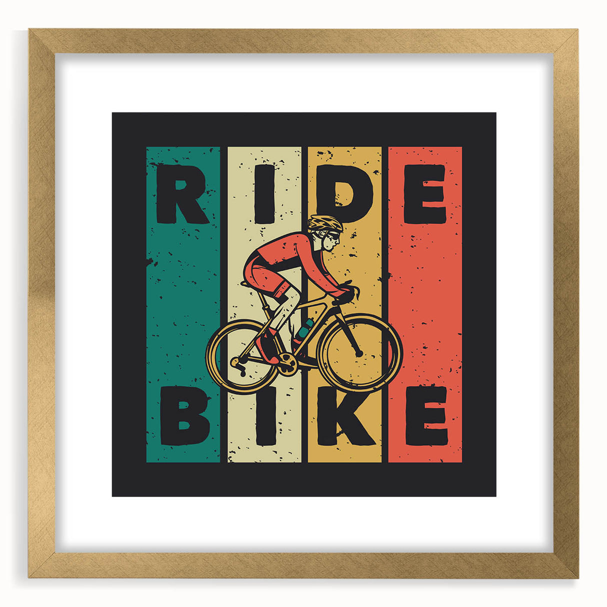 Abstract art print of a stylized bicycle in gold and black hues, framed with a mat.