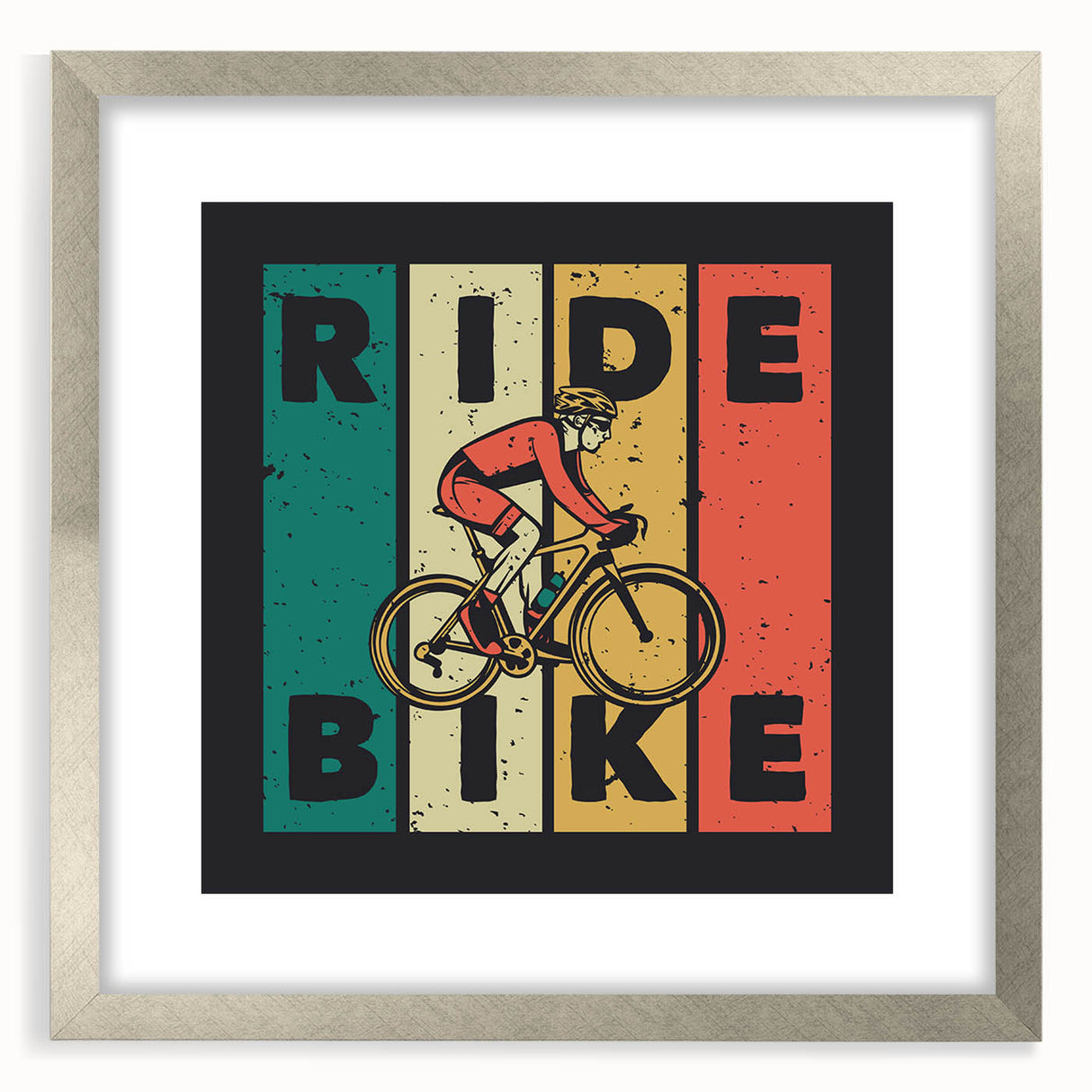 Textured art print of an abstract bicycle in muted gray and silver tones, framed in silver.