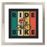 Textured art print of an abstract bicycle in muted gray and silver tones, framed in silver.