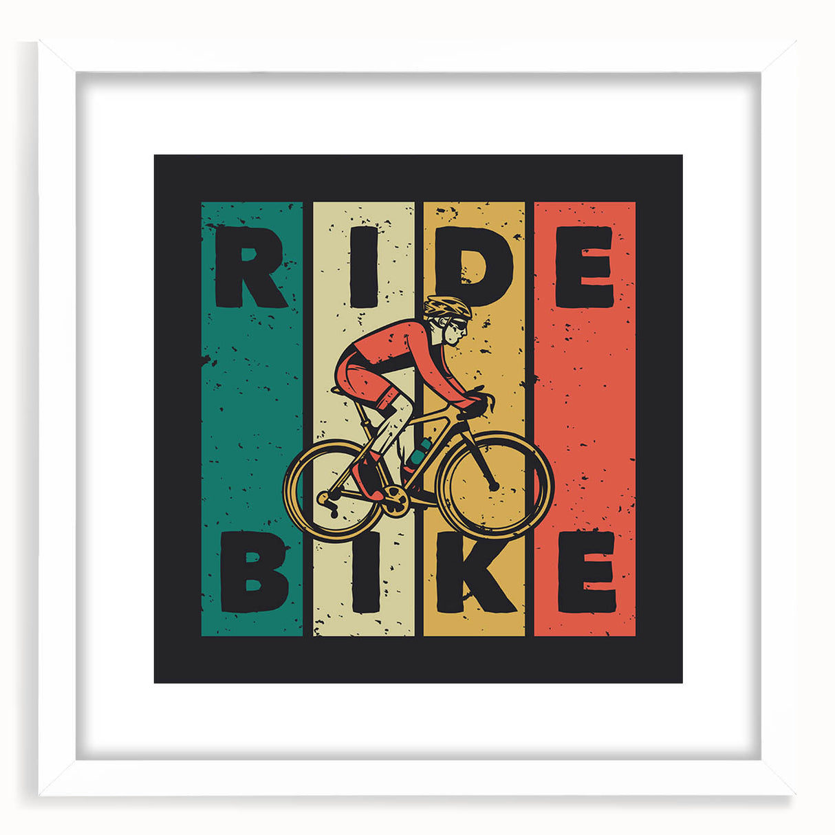 Extra large abstract art print featuring a textured bicycle design in monochrome, framed with a white mat.