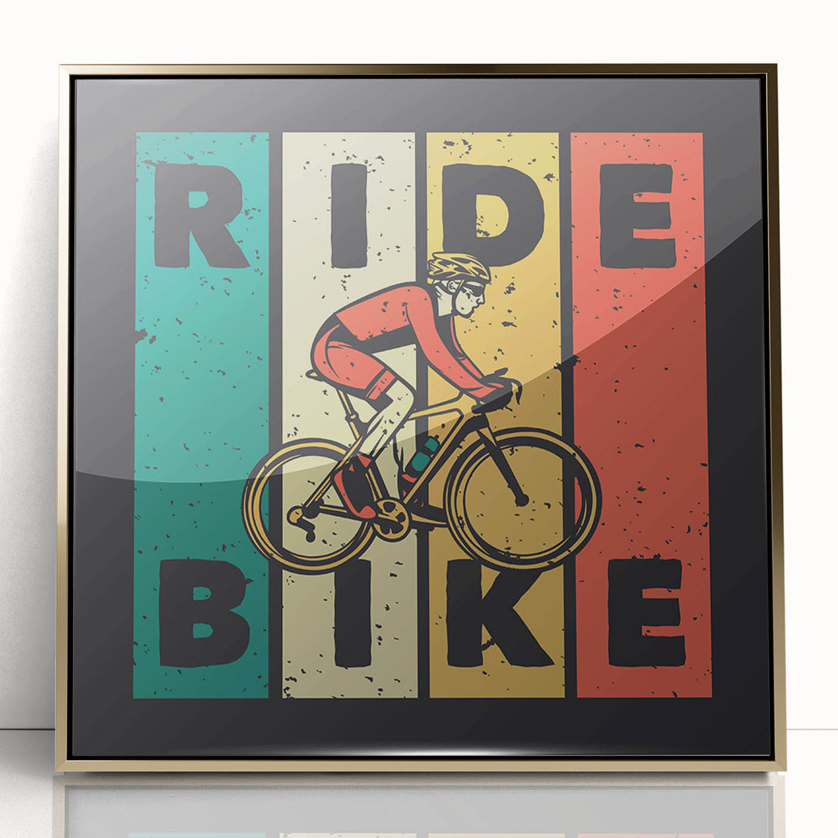 Art Deco style poster of a vintage bicycle in bold black and gold tones, acrylic print framed in gold.
