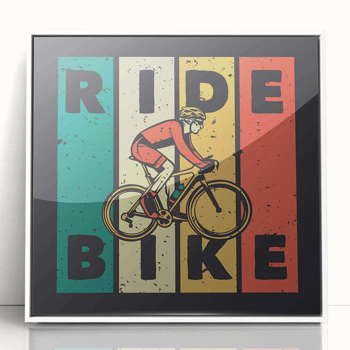 Mid-century modernist art of a bicycle in muted earth tones on a white acrylic framed print, suitable for nursery wall decor.