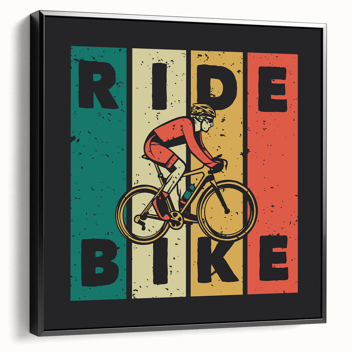 Black and white framed canvas featuring a side view of a vintage bicycle, ideal for bedroom wall art.