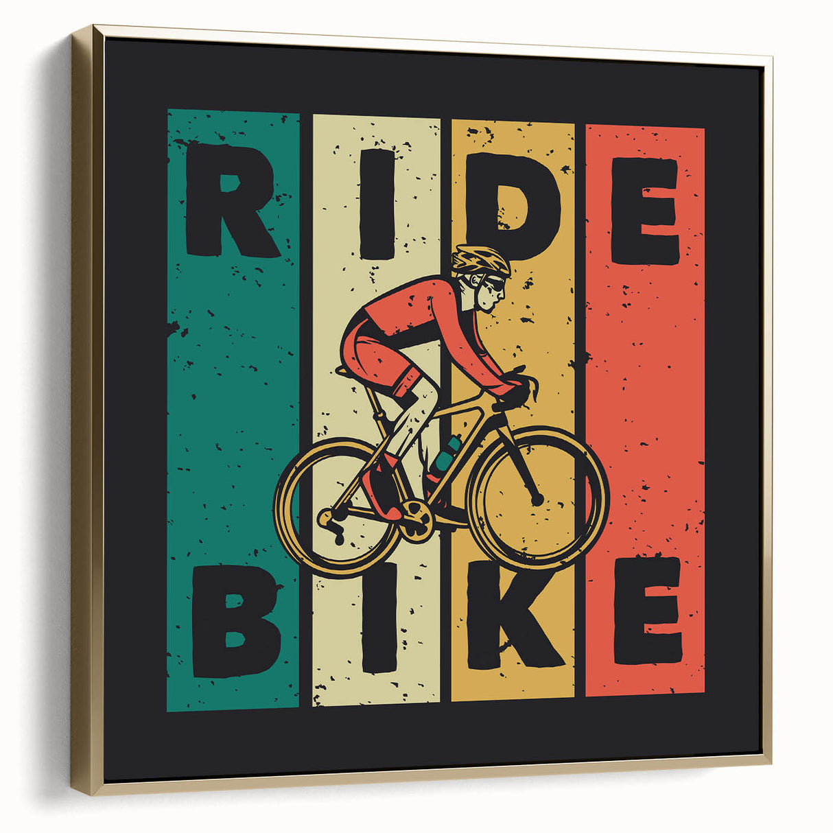 Vintage poster art of a bicycle on a black background with silver and gold accents, framed canvas.