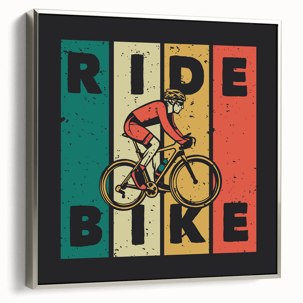 Vintage poster art of a black bicycle on a colorful abstract background, framed canvas, ideal for living room decor.