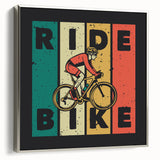 Vintage poster art of a black bicycle on a colorful abstract background, framed canvas, ideal for living room decor.