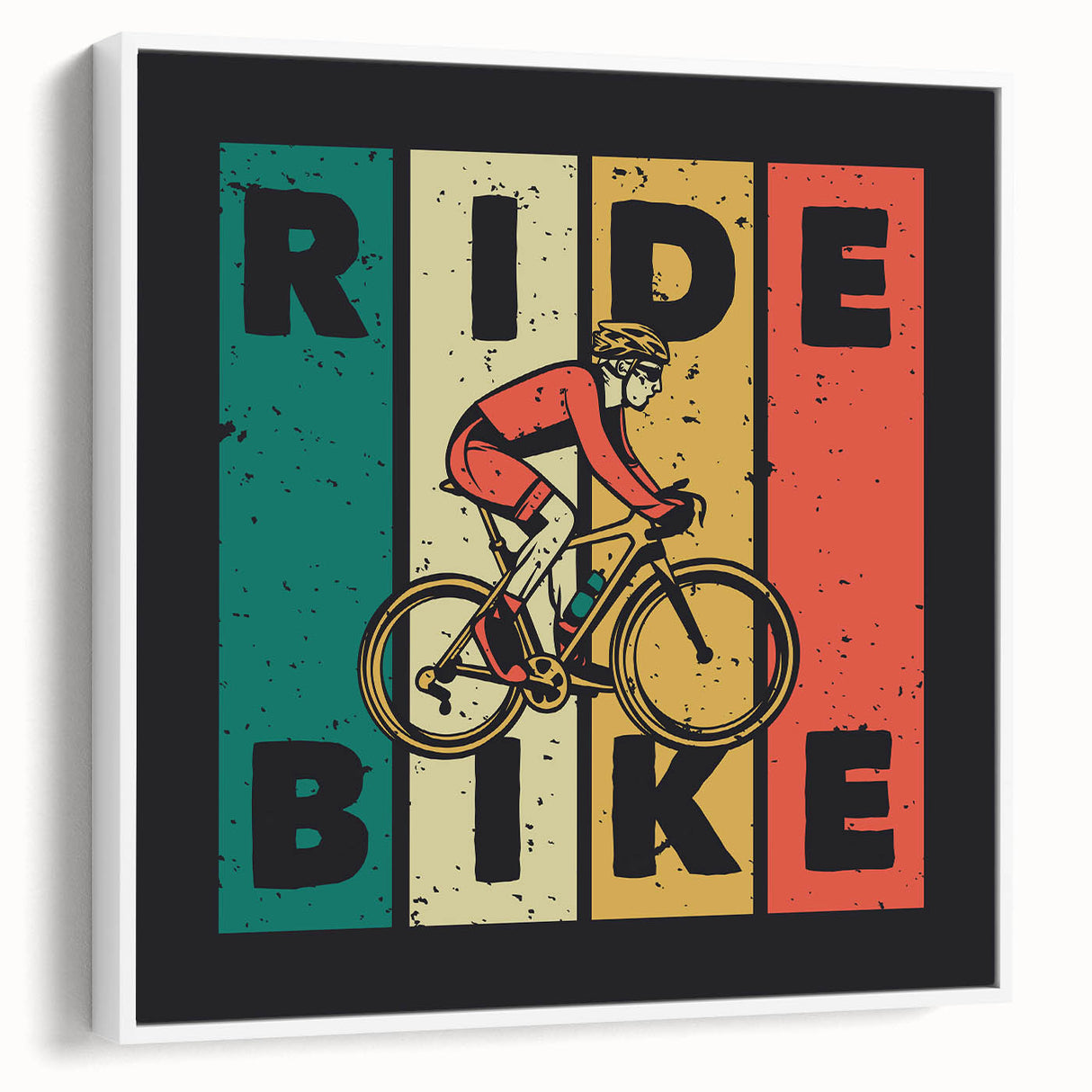 Framed canvas featuring a vintage black bicycle on a white background, ideal for bedroom wall art.