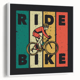 Framed canvas featuring a vintage black bicycle on a white background, ideal for bedroom wall art.