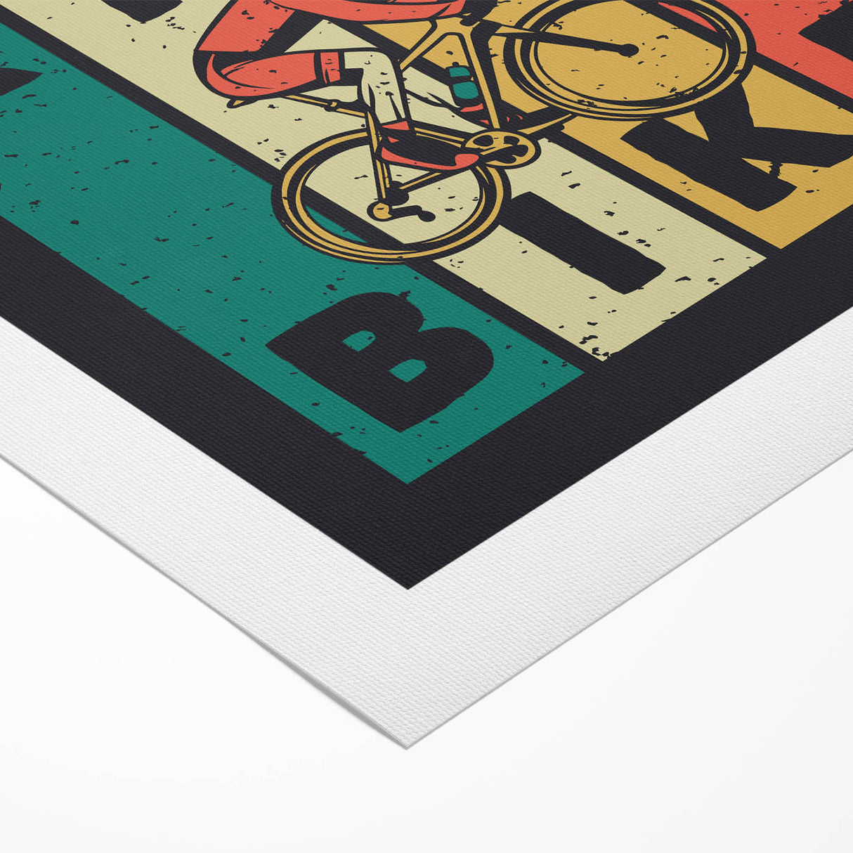 Art deco poster featuring a vintage bicycle in muted gold and black tones on rolled canvas, suitable for dining room decor.