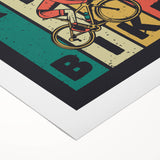 Art deco poster featuring a vintage bicycle in muted gold and black tones on rolled canvas, suitable for dining room decor.