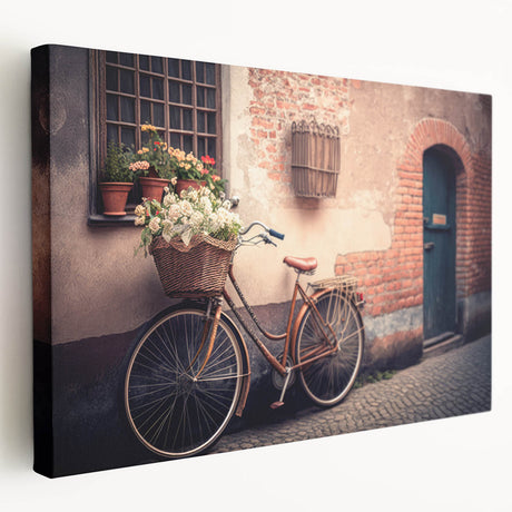 Side view of a vintage bicycle on a stretched canvas, featuring muted earth tones, ideal for kitchen wall art.
