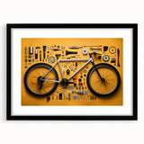 Extra large abstract art print of a colorful bicycle on textured canvas, framed in black, ideal for living room decor.