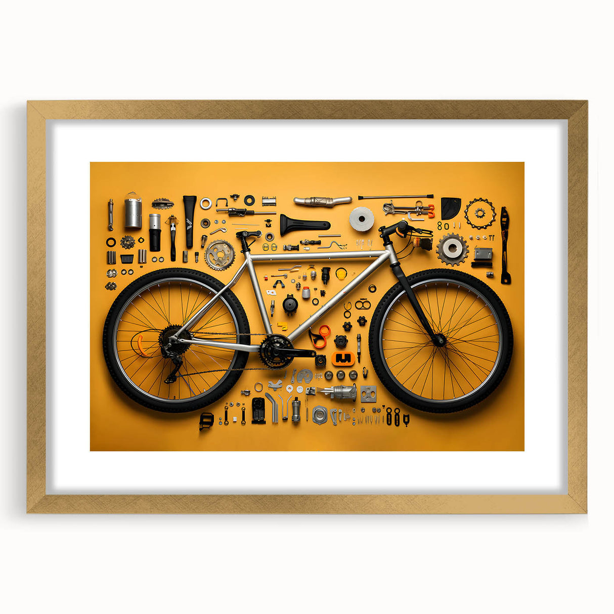 Textured art print of an abstract bicycle in gold and black tones, framed with mat, ideal for bedroom decor.
