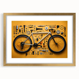 Textured art print of an abstract bicycle in gold and black tones, framed with mat, ideal for bedroom decor.