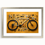 Abstract art print of a stylized bicycle in black and white, framed in silver, suitable for dining room decor.