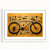 Extra large abstract art print of a bicycle in textured white and gray tones on a framed canvas, ideal for living room decor.