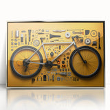 Mid-century modernist art featuring a bicycle in muted colors on a silver-framed acrylic print, ideal for nursery wall art.