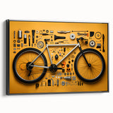 Black and white vintage poster art of a bicycle on a framed canvas, suited for bedroom wall decor.