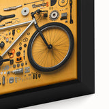 Extra large framed canvas featuring a textured depiction of a bicycle in black with colorful background accents.