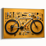 Vintage poster art of a black bicycle on a gold-framed canvas, ideal for bedroom wall art.
