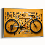Framed canvas of a vintage bicycle in black and colorful tones, ideal for enhancing a home office or study space.
