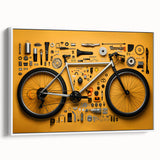 Vintage poster art of a bicycle on a white framed canvas, featuring black and colorful art, ideal for a living room.
