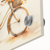 Mid-century modernist bicycle design in muted earth tones on large acrylic glass, ideal for dining room art.