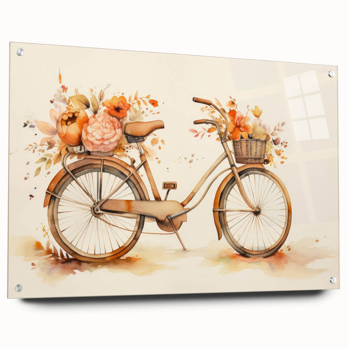 Side view of a bicycle depicted in large abstract style on acrylic glass, featuring neutral and earth tones.