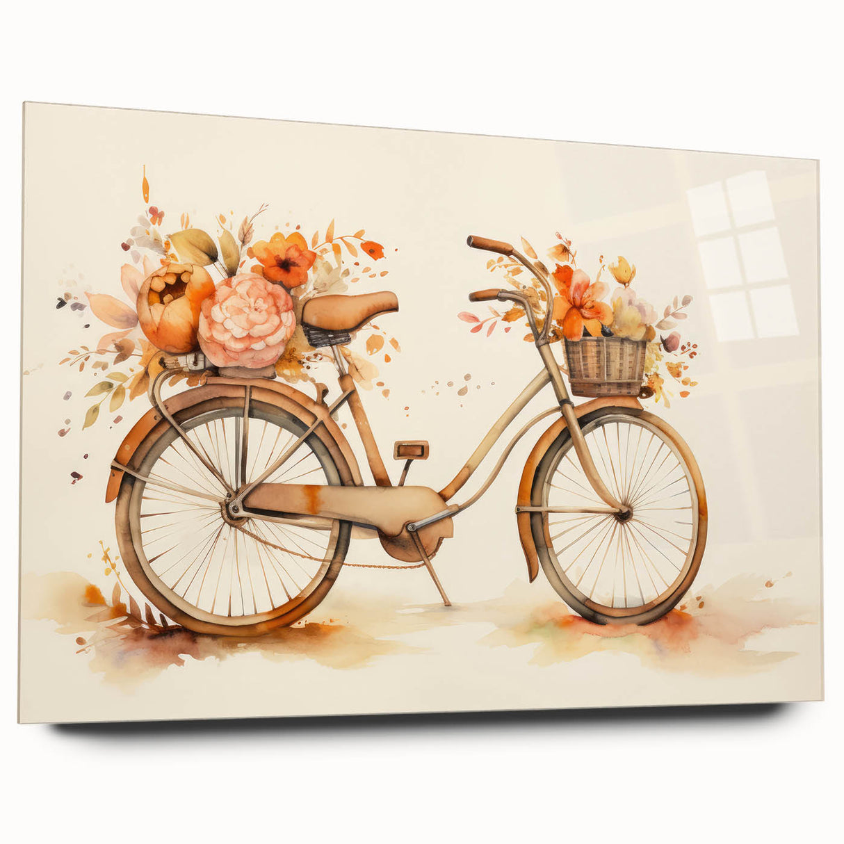 Side view of a bicycle depicted in large abstract style on acrylic glass, featuring neutral and metallic shades.