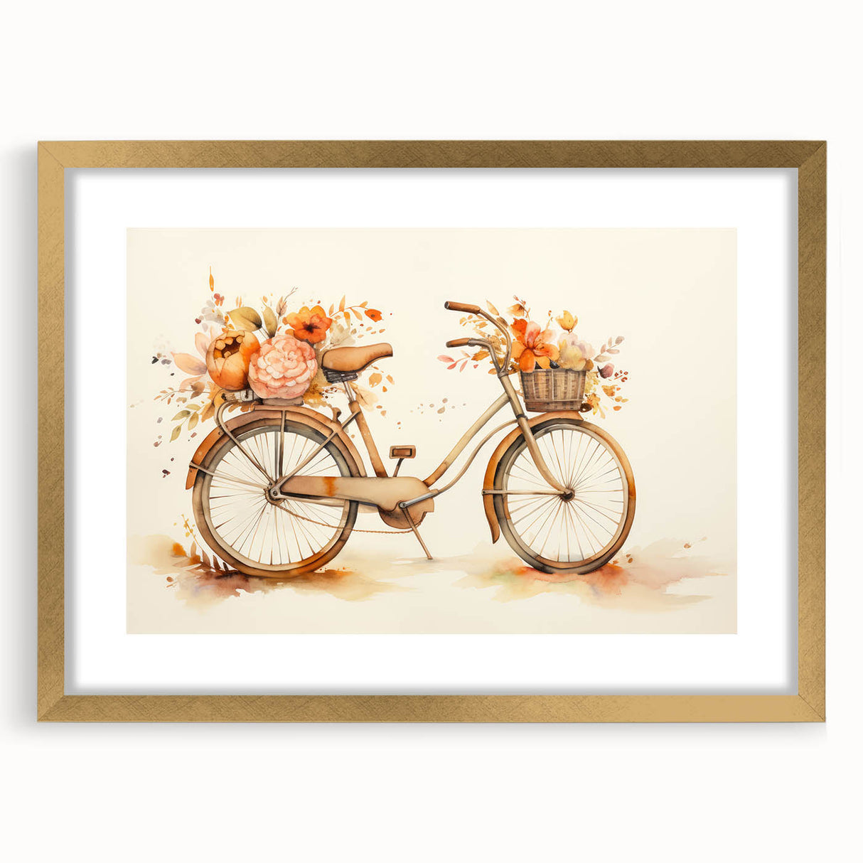 Textured abstract art print of a bicycle in gold and black tones, framed with a mat, ideal for bedroom decor.